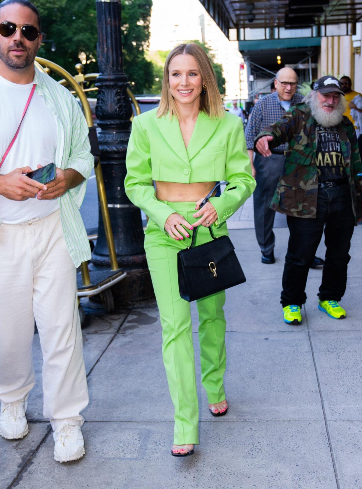 Kristen Bell Neon Green Cropped Suit New York City