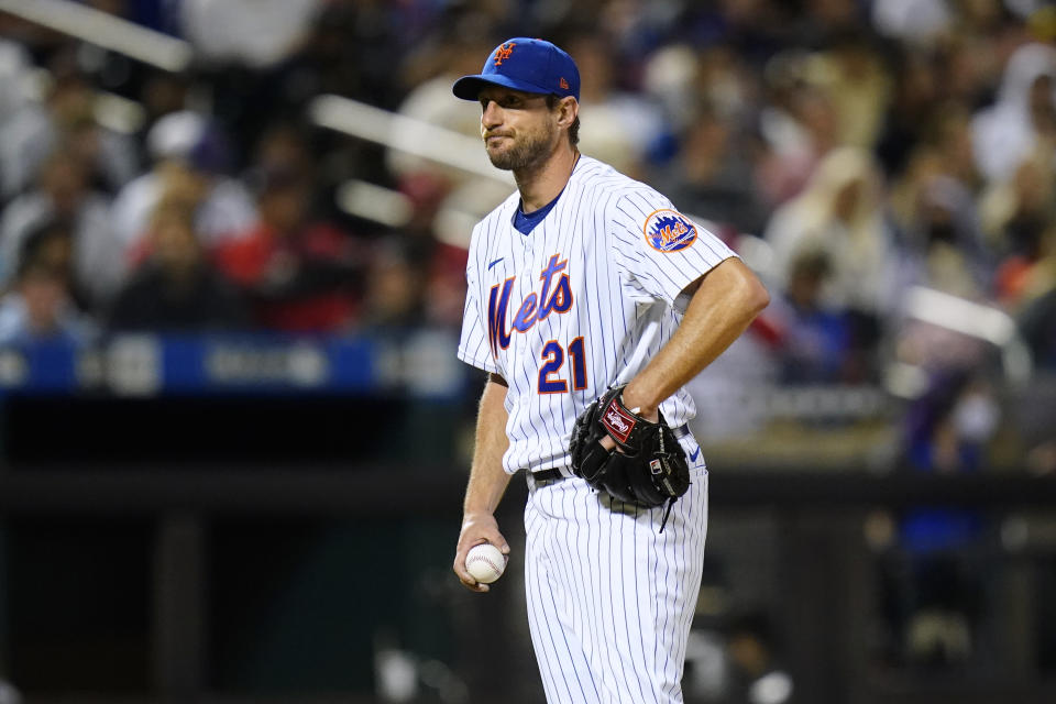 New York Mets starting pitcher Max Scherzer reacts during St. Louis Cardinals' Albert Pujols' at-bat during the sixth inning of a baseball game Wednesday, May 18, 2022, in New York. (AP Photo/Frank Franklin II)