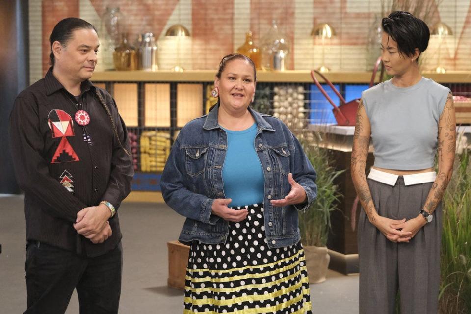 Sean Sherman (from left) and Elena Terry joined "Top Chef: Wisconsin" host Kristen Kish to reveal Episode 9's challenge would be to cook using Indigenous American ingredients.