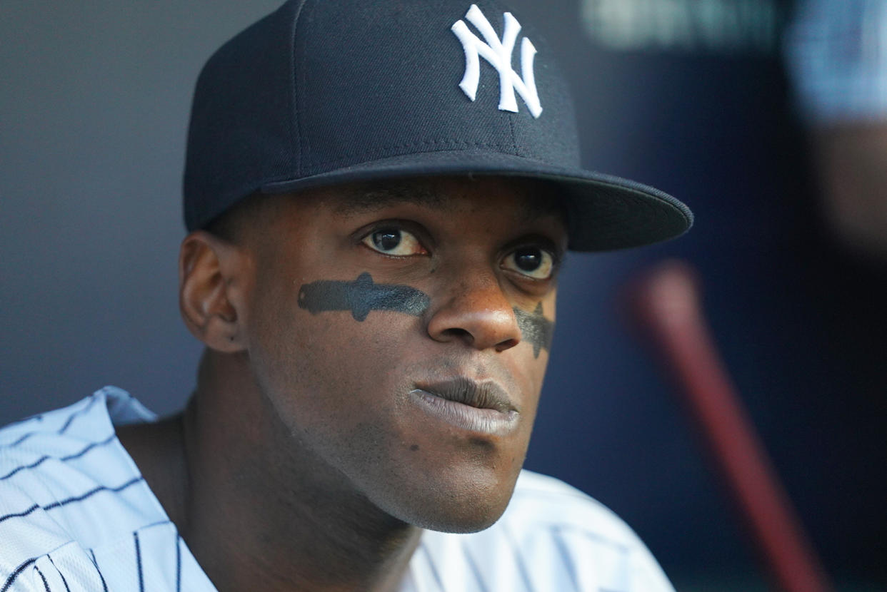 Baseball: Closeup of New York Yankees Cameron Maybin (38) in dugout before game vs Los Angeles Angels at Yankee Stadium.
Bronx, NY 9/19/2019
CREDIT: Erick W. Rasco (Photo by Erick W. Rasco /Sports Illustrated/Getty Images)
(Set Number: X162909 TK1 )