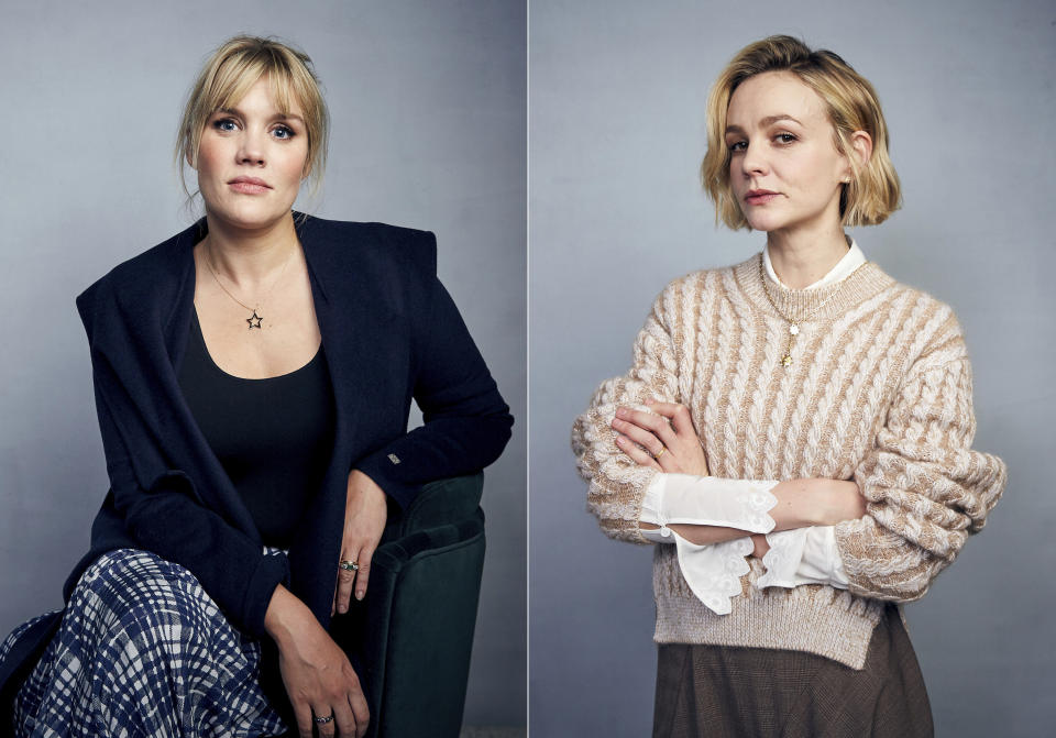 Writer/director Emerald Fennell, left, and actress Carey Mulligan pose for a portrait to promote their film "Promising Young Woman" during the Sundance Film Festival in Park City, Utah on Jan. 25, 2020. The film is nominated for an Oscar for best picture. Fennell is nominated for best director and Mulligan is nominated for best actress. (Photo by Taylor Jewell/Invision/AP)