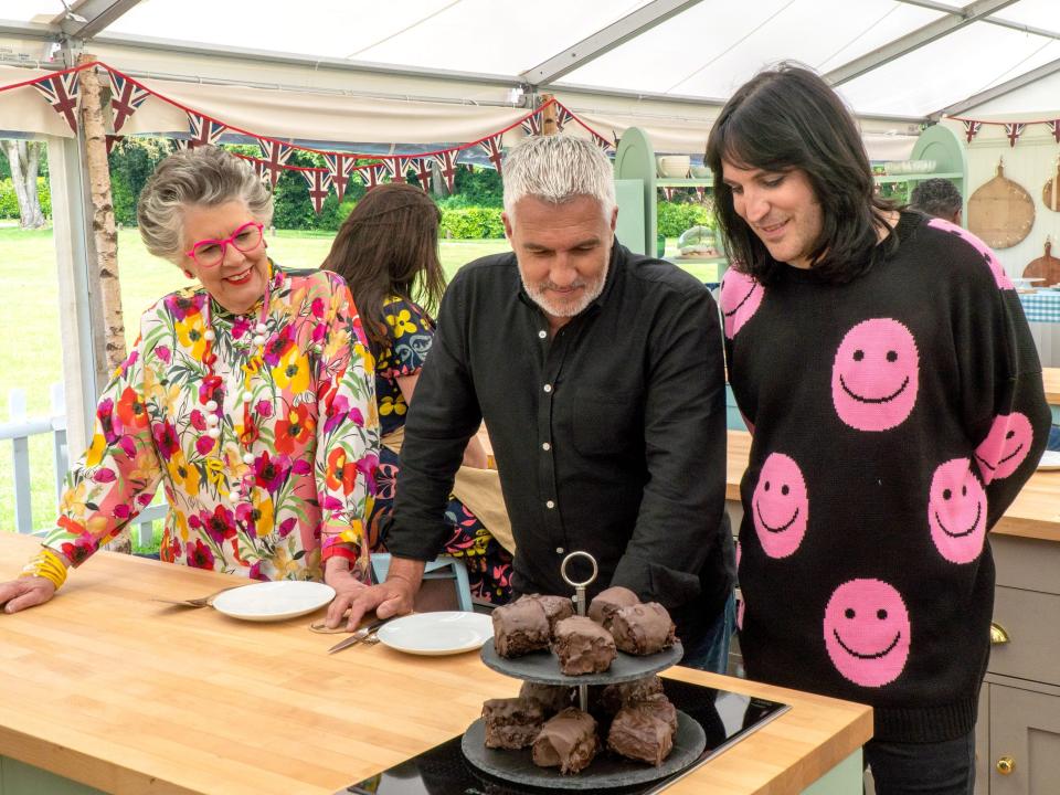 Prue Leith, Paul Hollywood, and Noel Fielding on "The Great British Baking Show"