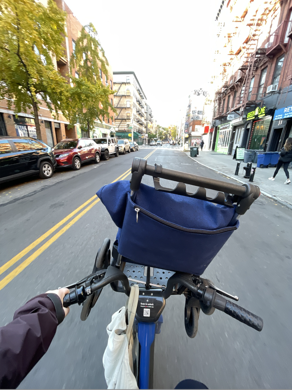 Ekimian travels with a 'granny cart' attached to the front of her Citibike.  / Credit: Katya Ekimian