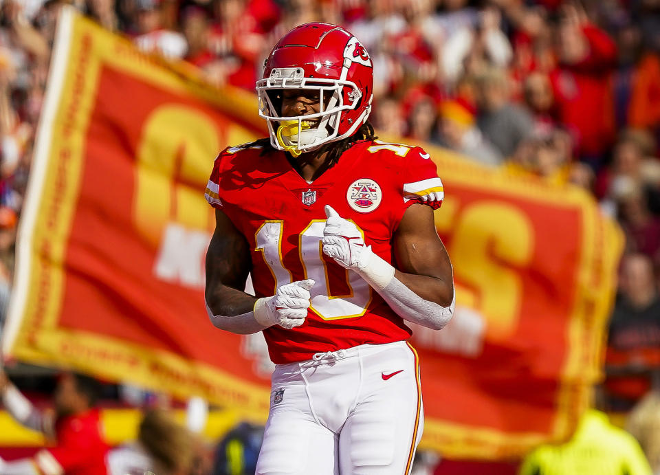 Jan 1, 2023; Kansas City, Missouri, USA; Kansas City Chiefs running back Isiah Pacheco (10) dances after scoring a touchdown during the first half against the <a class="link " href="https://sports.yahoo.com/nfl/teams/denver/" data-i13n="sec:content-canvas;subsec:anchor_text;elm:context_link" data-ylk="slk:Denver Broncos;sec:content-canvas;subsec:anchor_text;elm:context_link;itc:0">Denver Broncos</a> at GEHA Field at Arrowhead Stadium. Mandatory Credit: Jay Biggerstaff-USA TODAY Sports