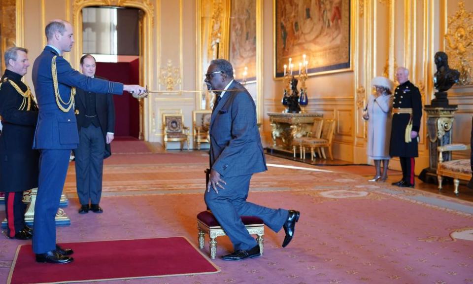 Clive Lloyd is knighted by the Duke of Cambridge at Windsor Castle, 12 January 2022.