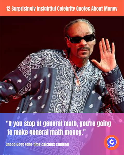 Photo of Snoop Dogg in concert with a quote about money and math