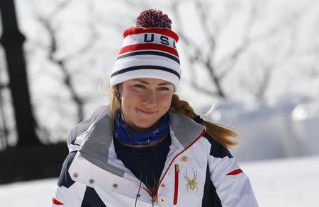 Alpine Skiing - Pyeongchang 2018 Winter Olympics - Women’s Downhill Training - Jeongseon Alpine Centre - Pyeongchang, South Korea - February 19, 2018 - Mikaela Shiffrin of the USA at the start for the women's Downhill training. REUTERS/Leonhard Foeger