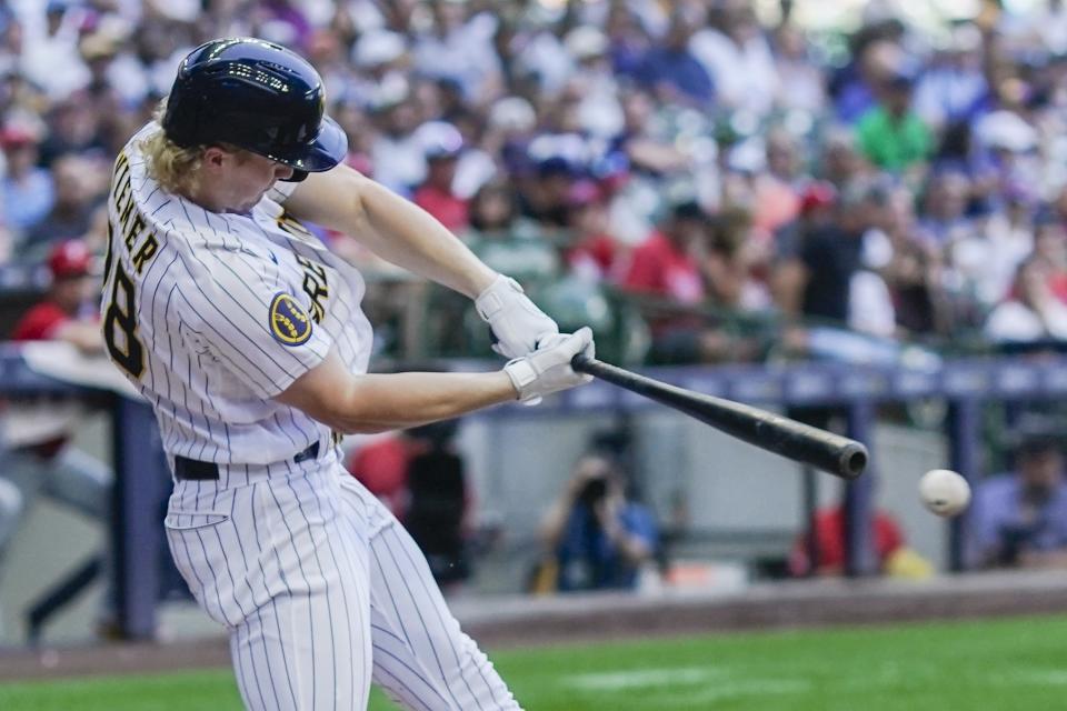 Milwaukee Brewers' Joey Wiemer hits a single during the eighth inning of a baseball game against the Philadelphia PhilliesSunday, Sept. 3, 2023, in Milwaukee. (AP Photo/Morry Gash)