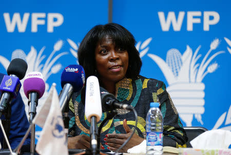 Ertharin Cousin, Executive Director of the United Nations World Food Programme, speaks during a news conference discussing the latest challenges the agency is facing in Yemen, in ?Amman, Jordan, March 13, 2017. REUTERS/Muhammad Hamed