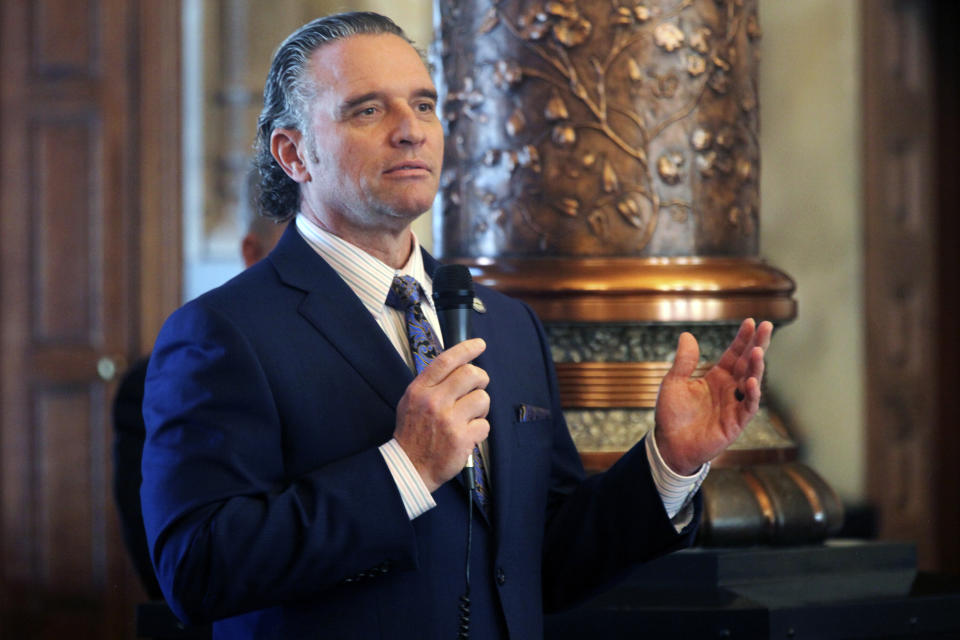 Kansas Senate President Ty Masterson, R-Andover, makes a point during a debate, Wednesday, March 29, 2023, at the Statehouse in Topeka, Kan. Masterson argues that a series of vetoes from Democratic Gov. Laura Kelly on culture war issues shows that Kelly is governing from the extreme left and not the political center. (AP Photo/John Hanna)