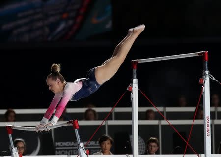 Oct 3, 2017; Montreal, Quebec, CAN; Amy Tinkler of Great Britain competes on the uneven bars during the 47th FIG Artistic Gymnastics World Championship at Montreal Olympic Stadium. Mandatory Credit: Jean-Yves Ahern-USA TODAY Sports
