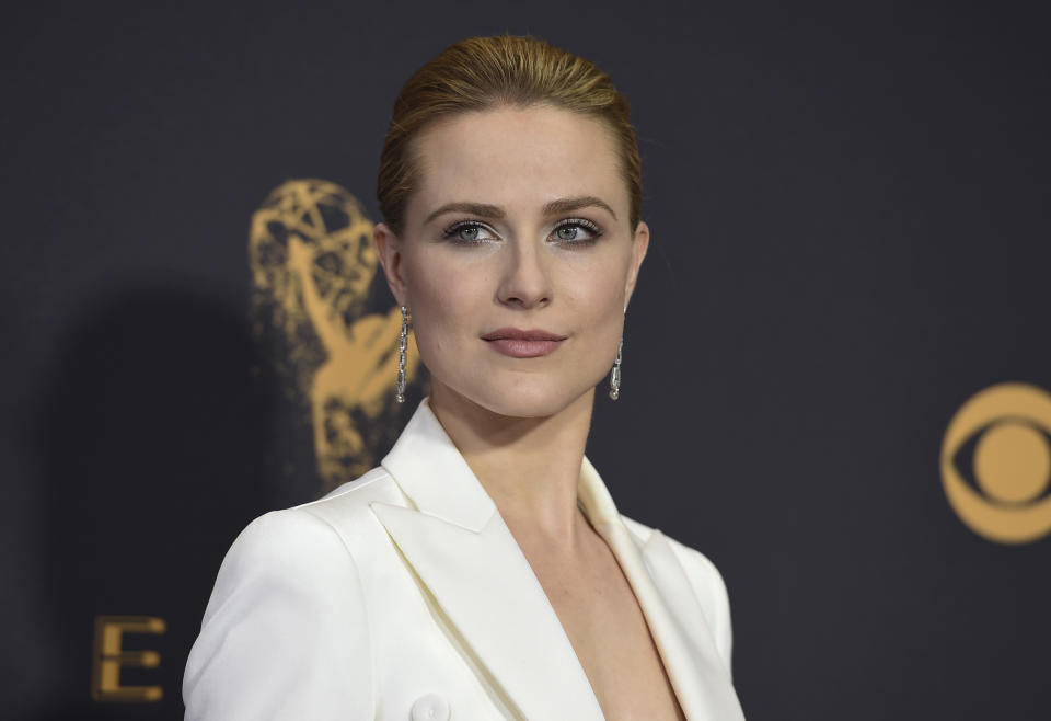FILE - Evan Rachel Wood arrives at the 69th Primetime Emmy Awards on Sunday, Sept. 17, 2017, at the Microsoft Theater in Los Angeles. Marilyn Manson was dropped by his record label Monday after Wood, his ex-fiancé, accused him of sexual and other physical abuse. Wood, a star of HBO's “Westworld,” wrote on Instagram Monday, Feb. 1, 2021, that Manson “horrifically abused me for years” and “left me brainwashed into submission.” (Photo by Jordan Strauss/Invision/AP, File)