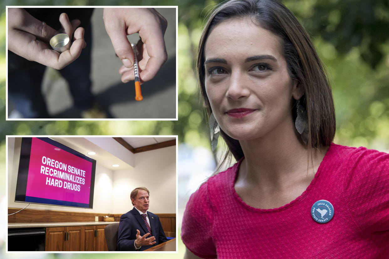 composite photo: upper left, a hand holds an orange needle; lower left Oregon Senate Minority Leader Tim Knopp, R-Bend, speaks in front of. a pink sign with white letters reading, 