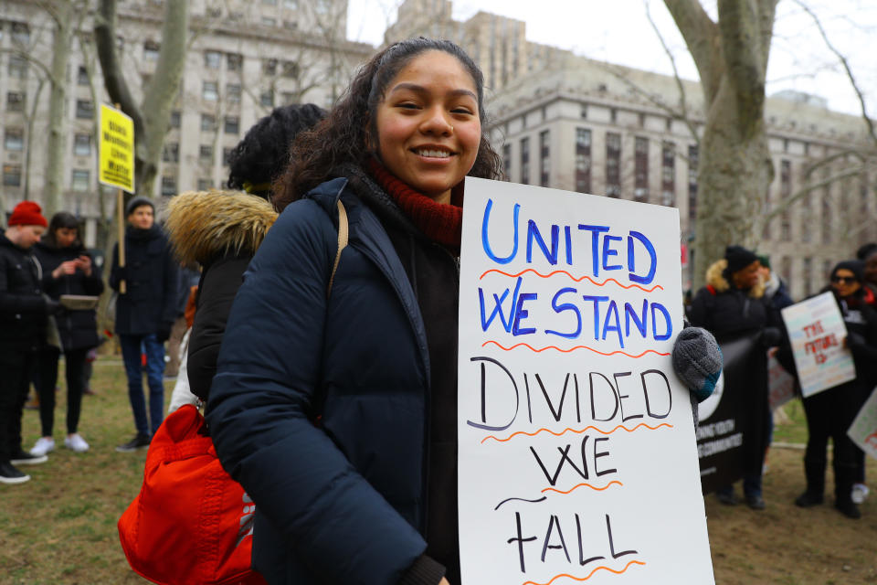Leslie Camacho attends the Women’s Unity Rally on Jan. 19, 2019, at Foley Square. (Photo: Gordon Donovan/Yahoo News)