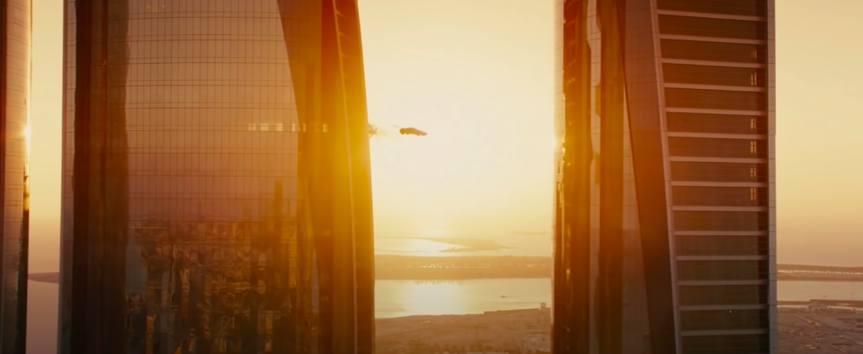 A car flying between buildings in "Furious 7"