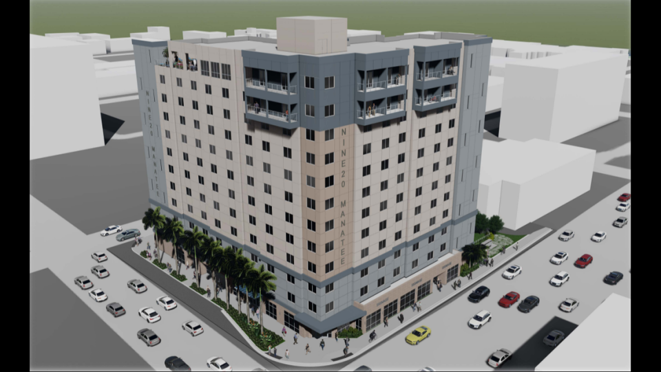 NDC Construction Company updated the renders for its Nine20 Manatee project in downtown Bradenton. The 12-story building will now feature protruding balconies on the 11th and 12th floors, as well as a shade awning that covers the sidewalk on the ground floor. 