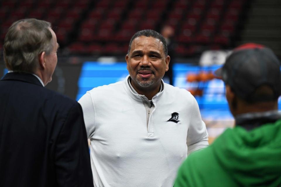 Providence head coach Ed Cooley speaks with members of the media during practice at United Center in Chicago on Thursday.