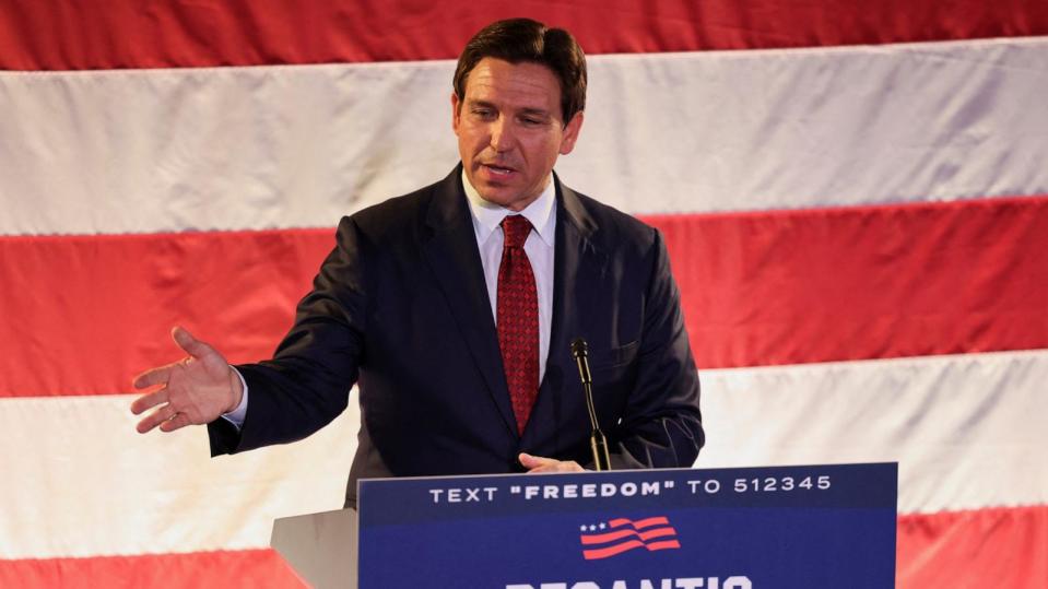 PHOTO: Florida Governor and U.S. Presidential candidate Ron DeSantis speaks during a rally, Nov. 6, 2023, in Des Moines, Iowa.  (Rachel Mummey/Reuters)