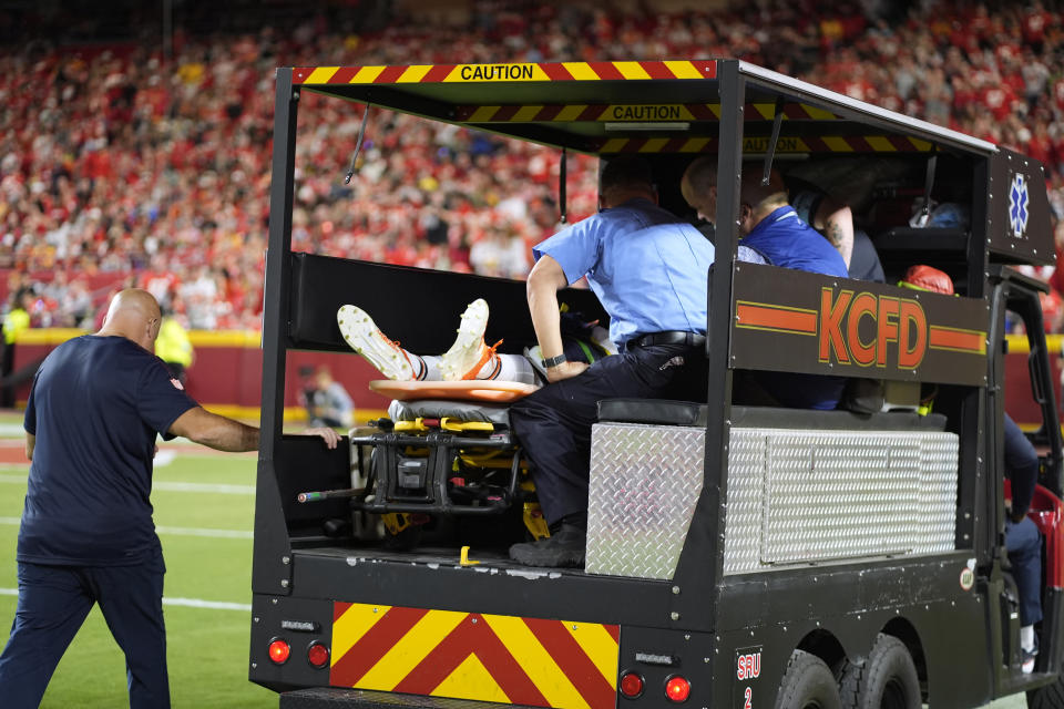 Chicago Bears defensive back Douglas Coleman III is taken off the field on a cart after being injured during the second half of an NFL preseason football game against the Kansas City Chiefs Thursday, Aug. 22, 2024, in Kansas City, Mo. (AP Photo/Charlie Riedel)