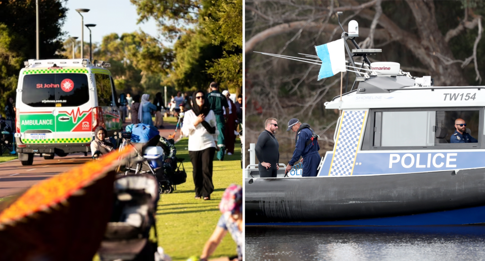 An ambulance seen at the scene on Sunday (left). A police boat retrieves bodies from the Swan River in 2018 (right). Source: ABC/AAP