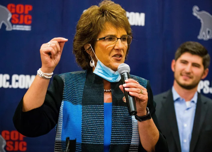 Jackie Walorski, Indiana's 2nd Congressional District representative, addresses the crowd during a GOP watch party Nov. 3, 2020, at the Holiday Inn Conference Center in Mishawaka. 