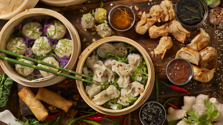 various dumplings and dipping sauces