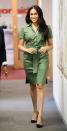 <p>During her busy day in Johannesburg, the Duchess of Sussex <a href="https://www.townandcountrymag.com/society/tradition/a29319416/meghan-markle-action-aid-hug-south-africa-photos/" rel="nofollow noopener" target="_blank" data-ylk="slk:also visited ActionAid,;elm:context_link;itc:0;sec:content-canvas" class="link ">also visited ActionAid,</a> where she joined a discussion about gender-based violence. Meghan wore a green dress by Room 502 with a pair of black heels.</p>