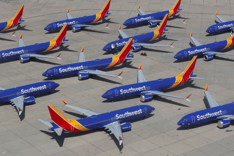 FILE PHOTO: A number of grounded Southwest Airlines Boeing 737 MAX 8 aircraft are shown parked at Victorville Airport in Victorville, California