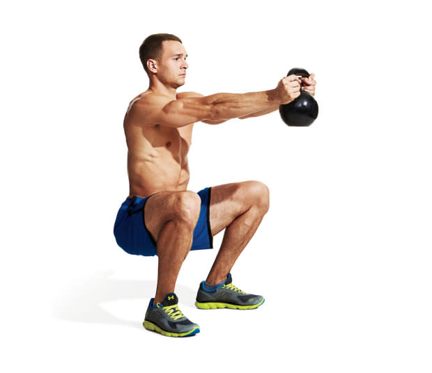 <p>Rest as little as possible between exercises. You may rest 1 minute between rounds. Use the same weight for the entire circuit.</p><p>Do 3 to 4 sets of 12 to 15 reps:</p><ol><li>Goblet Squat</li><li>Single-arm Bentover Row</li><li>Kettlebell Deadlift</li><li>Kettlebell Push Press</li><li>Kettlebell Pushup</li></ol>