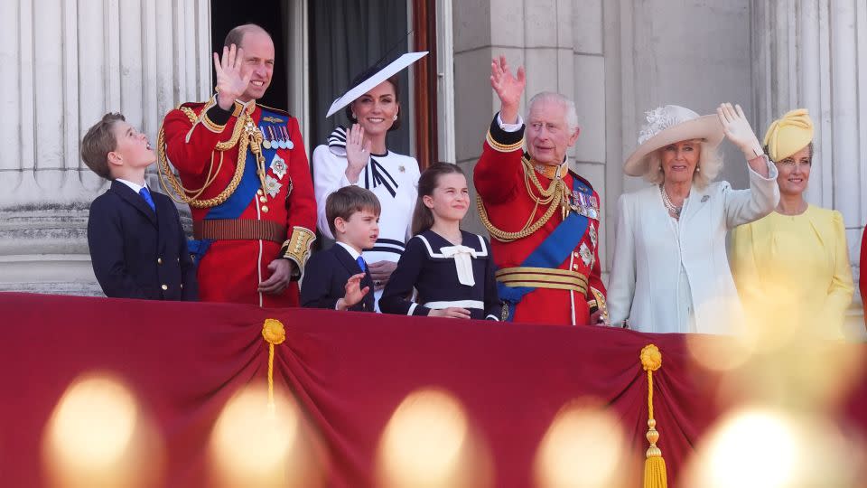 Prince George, the Prince of Wales, Prince Louis, the Princess of Wales, Princess Charlotte, King Charles III, Queen Camilla and the Duchess of Edinburgh on the balcony of Buckingham Palace. - James Manning/PA Wire