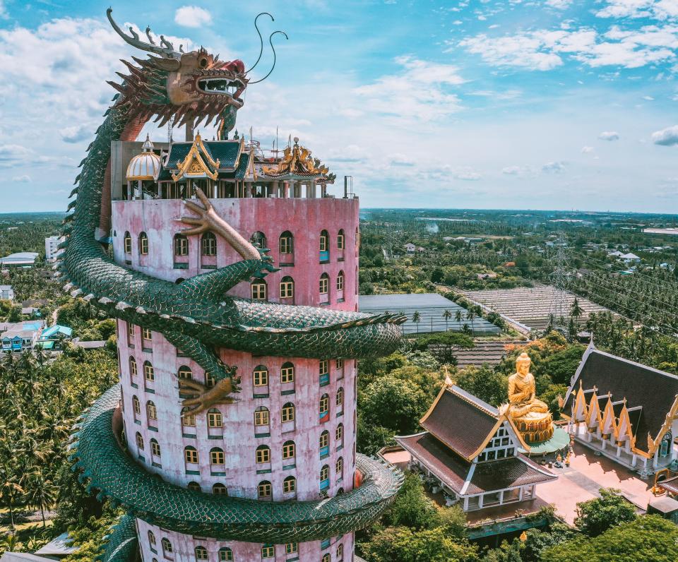 Aerial view of Wat Samphran Temple and Buddhist building in Nakhon Pathom, Thailand.