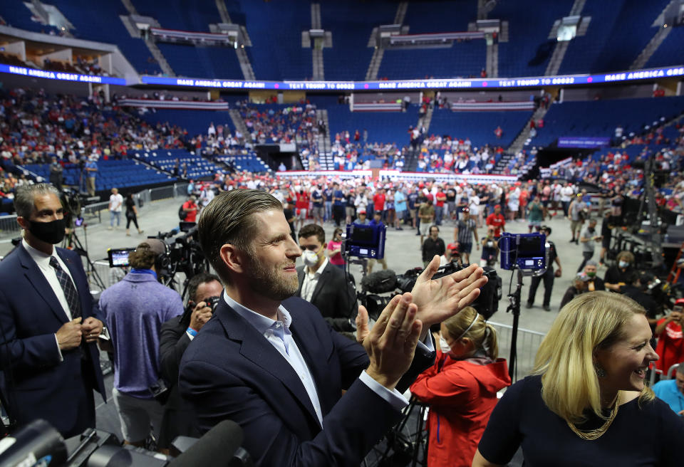 TULSA, OKLAHOMA - JUNE 20: Eric Trump attends a campaign rally for his father U.S. President Donald Trump at the BOK Center, June 20, 2020 in Tulsa, Oklahoma. Trump is holding hold his first political rally since the start of the coronavirus pandemic at the BOK Center on Saturday while infection rates in the state of Oklahoma continue to rise. (Photo by Win McNamee/Getty Images)