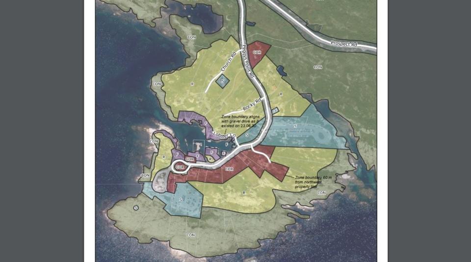 A map of the new land-use for Peggy's Cove shows new zoning in red along the main road through the village. The new zoning would enable a mix of residential, commercial and community amenity uses. The yellow-green marked with "R" represents residential zoning, with the olive colour showing conservation areas.