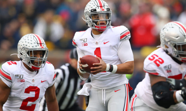 Justin Fields drops back for a pass against Michigan.