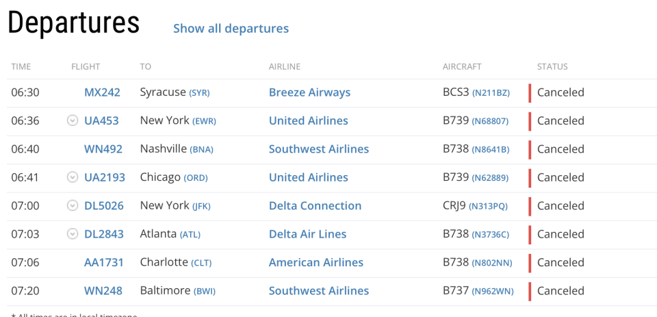 Cancelled flights from Charleston airport on Friday (FlightRadar24)