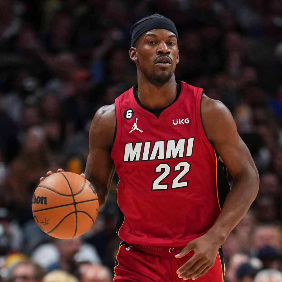 Miami Heat forward Jimmy Butler against the Denver Nuggets during the first half of Game 5 of basketball's NBA Finals, Monday, June 12, 2023, in Denver.