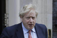 FILE - In this Wednesday, March 25, 2020 file photo Britain's Prime Minister Boris Johnson leaves 10 Downing Street for the House of Commons for his weekly Prime Ministers Questions, in London. Johnson has been moved to the intensive care unit of a London hospital on Monday, April 6, 2020 after his coronavirus symptoms worsened. Johnson’s office says Johnson is conscious and does not require ventilation at the moment. Johnson was admitted to St. Thomas’ Hospital late Sunday, 10 days after he was diagnosed with COVID-19. (AP Photo/Matt Dunham, File)