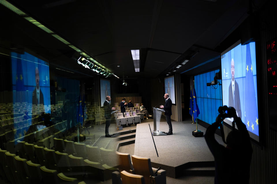 European Council President Charles Michel speaks during an online joint press conference with Director General of the World Health Organization Tedros Adhanom Ghebreyesus at the European Council headquarters in Brussels, Tuesday, March 30, 2021. (AP Photo/Francisco Seco, Pool)