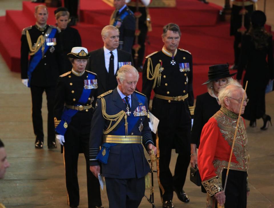 King Charles III and members of the royal family leave Westminster Hall as the coffin of Queen Elizabeth II lies in state on September 14, 2022 (Getty Images)