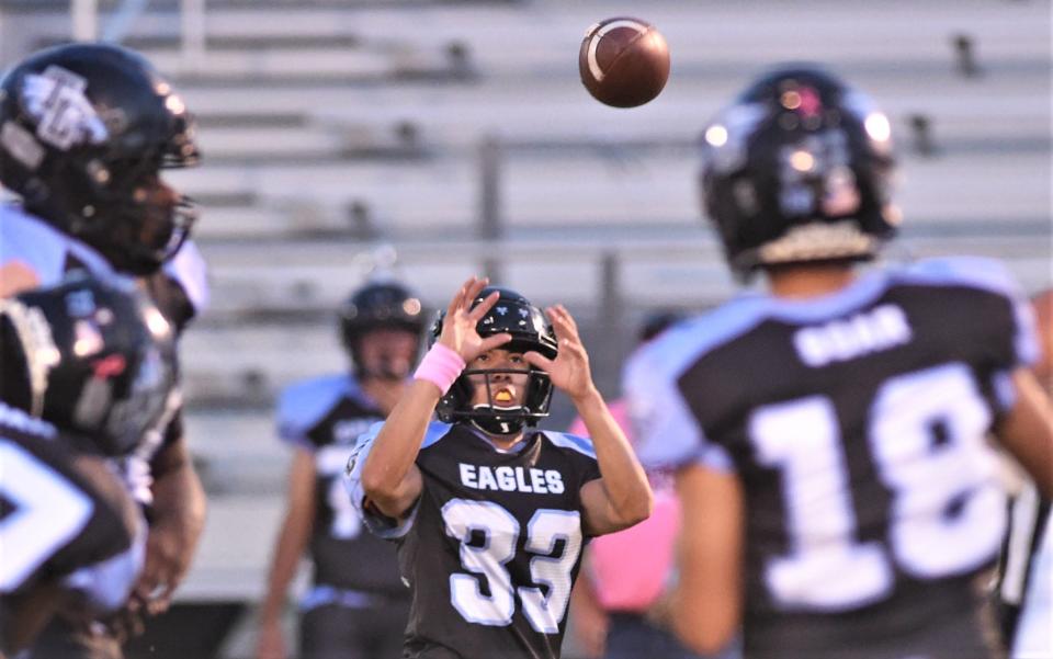 TLCA-Abilene's Malachi Gutierrez (33) waits to catch a pass from quarterback Johnathon Rico in the first quarter against Hamlin.