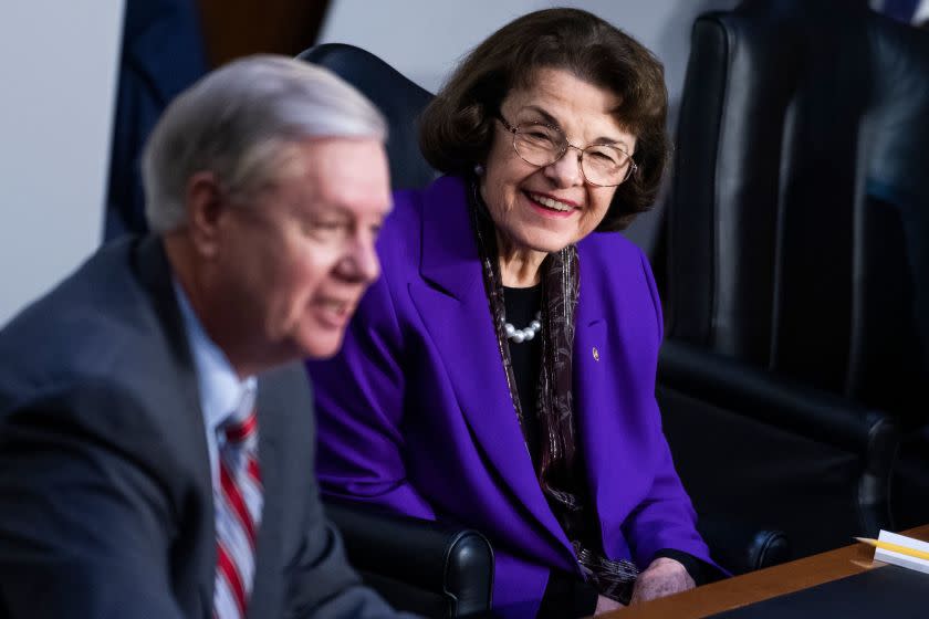 Chairman Lindsey Graham, R-SC, and ranking member Sen. Dianne Feinstein, D-CA, attend the fourth day of US Senate Judiciary Committee confirmation hearings for Supreme Court nominee Judge Amy Coney Barrett on Capitol Hill in Washington, DC, October 15, 2020. (Photo by Tom Williams / POOL / AFP) (Photo by TOM WILLIAMS/POOL/AFP via Getty Images)