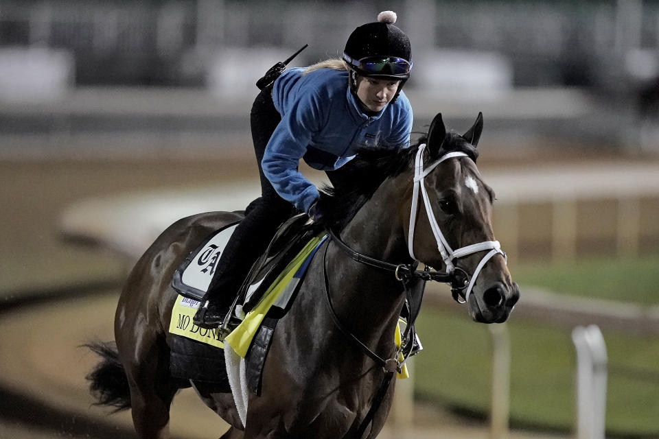 Kentucky Derby entrant Mo Donegal works out at Churchill Downs Thursday, May 5, 2022, in Louisville, Ky. The 148th running of the Kentucky Derby is scheduled for Saturday, May 7. (AP Photo/Charlie Riedel)