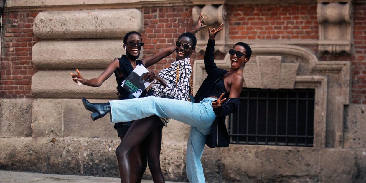 milan, italy september 22 models fatou samb, sokhna nian, rosalie ndour pose after the giada show during milan fashion week springsummer 2022 september 22, 2021 in new york city photo by melodie jenggetty images