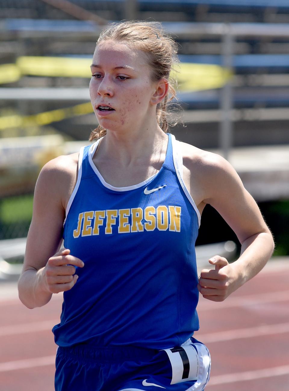 Jenna Pilachowski of Monroe Jefferson wins the 1,600-meter run at the Mason Invitational Saturday.