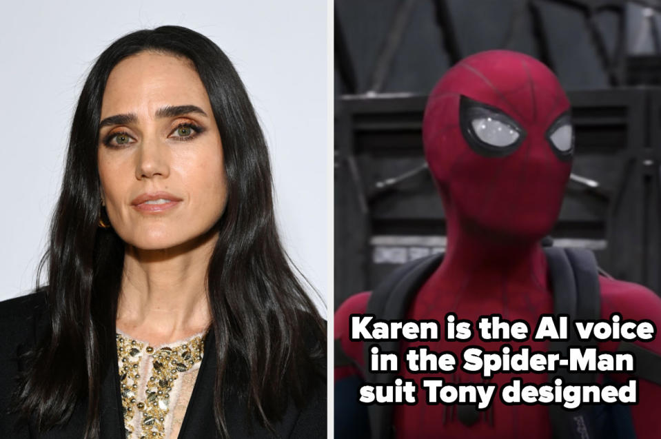 A headshot of Jennifer next to an image of Spider-Man with the text "Karen is the AI voice in the Spider-Man suit Tony designed"