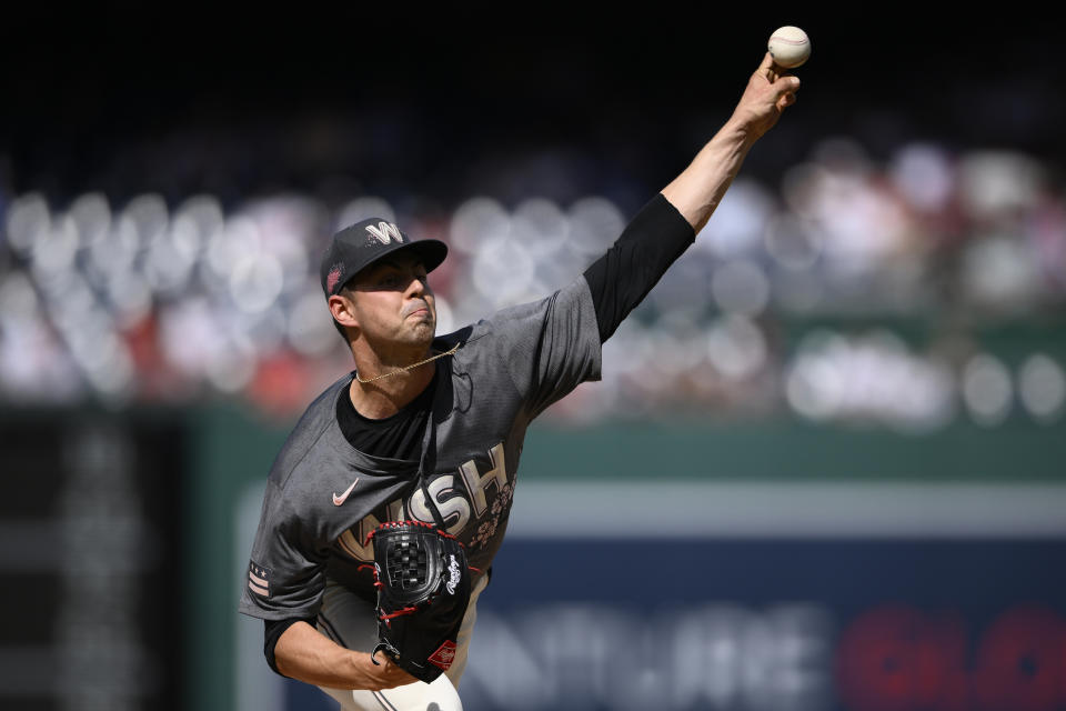 Washington Nationals starting pitcher MacKenzie Gore throws during the first inning of a baseball game against the Atlanta Braves, Saturday, June 8, 2024, in Washington. (AP Photo/Nick Wass)