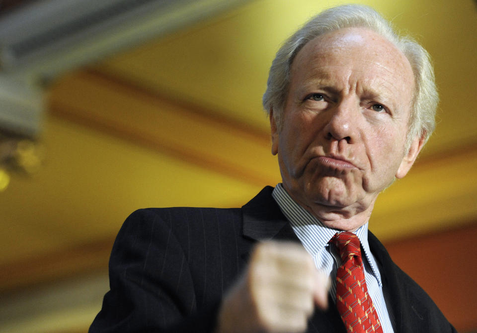 FILE - Then Sen. Joseph Lieberman, I-Conn. gestures during a news conference at the state capitol in Hartford, Conn., Dec. 10, 2012. Lieberman served as No Labels' chief public defender when the critics got the loudest. The centrist group he helped create ignited a political firestorm over the last year by working to recruit a third-party presidential campaign that some feared might tilt the 2024 election in Donald Trump’s favor. Now, Lieberman is gone. His death marks an irreplaceable loss for No Labels. (AP Photo/Jessica Hill, File)