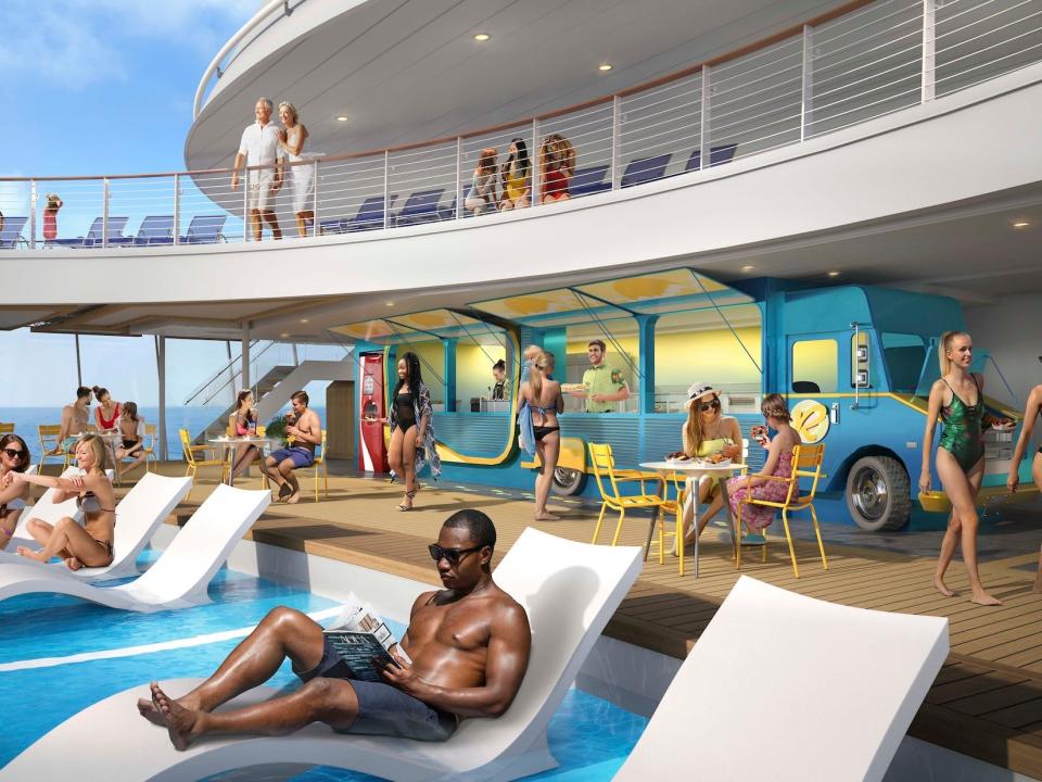 rendering of people sitting in pool and by food truck on Utopia of the Seas