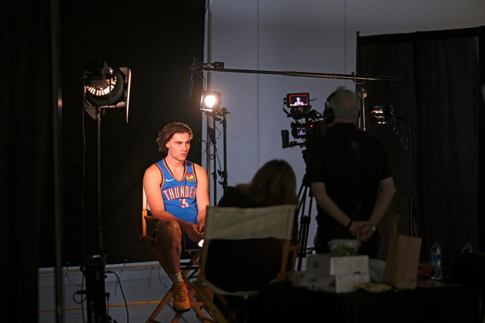 Josh Giddey (3) at a video station at Thunder Media Day, held in the Oklahoma City Convention Center on Monday, Oct. 2, 2023.