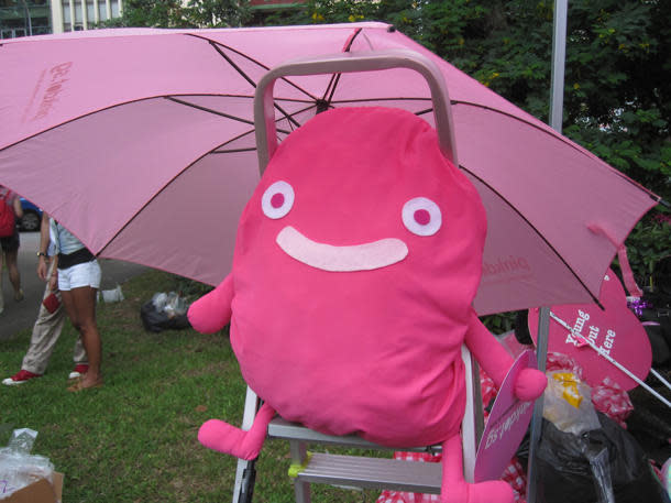 Pink Dot merchandise include umbrellas, fans, pom poms and the Dot plushie. (Yahoo! photo/Jeanette Tan)